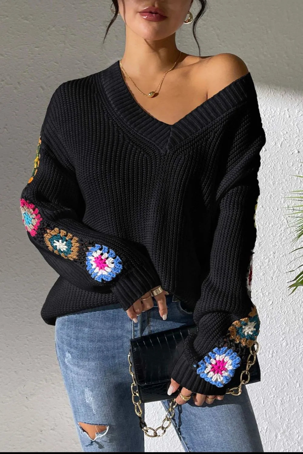 Randomly mixed color hand hook flower splicing V-neck pullover sweater - V.I.P Digital Presence