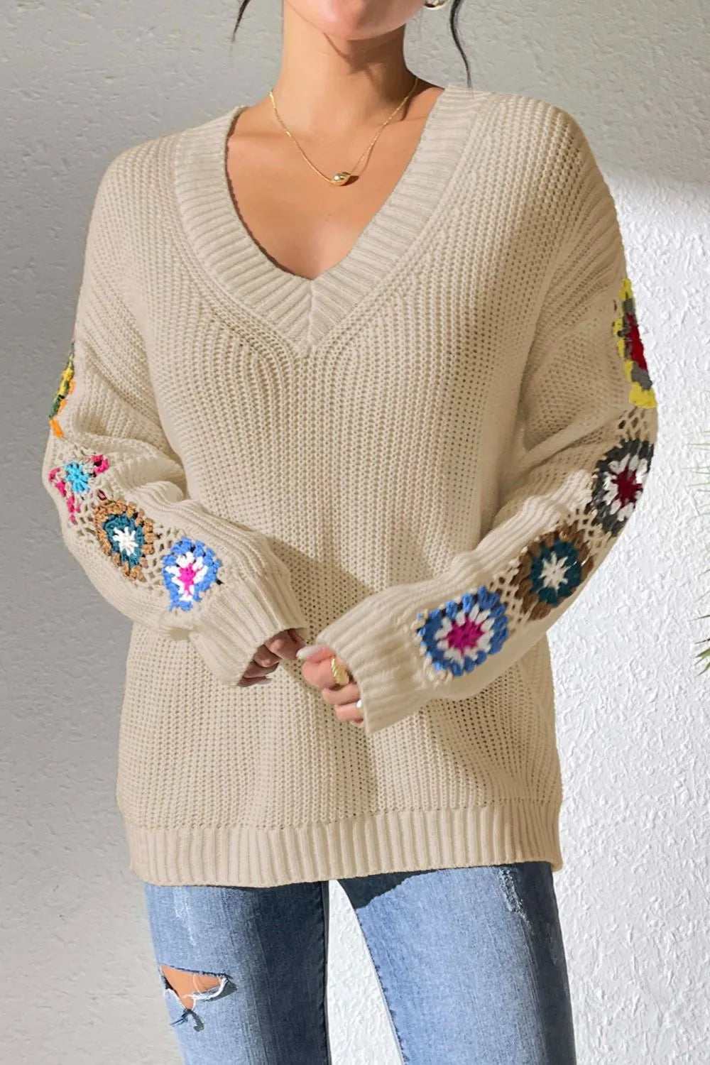 Randomly mixed color hand hook flower splicing V-neck pullover sweater - V.I.P Digital Presence
