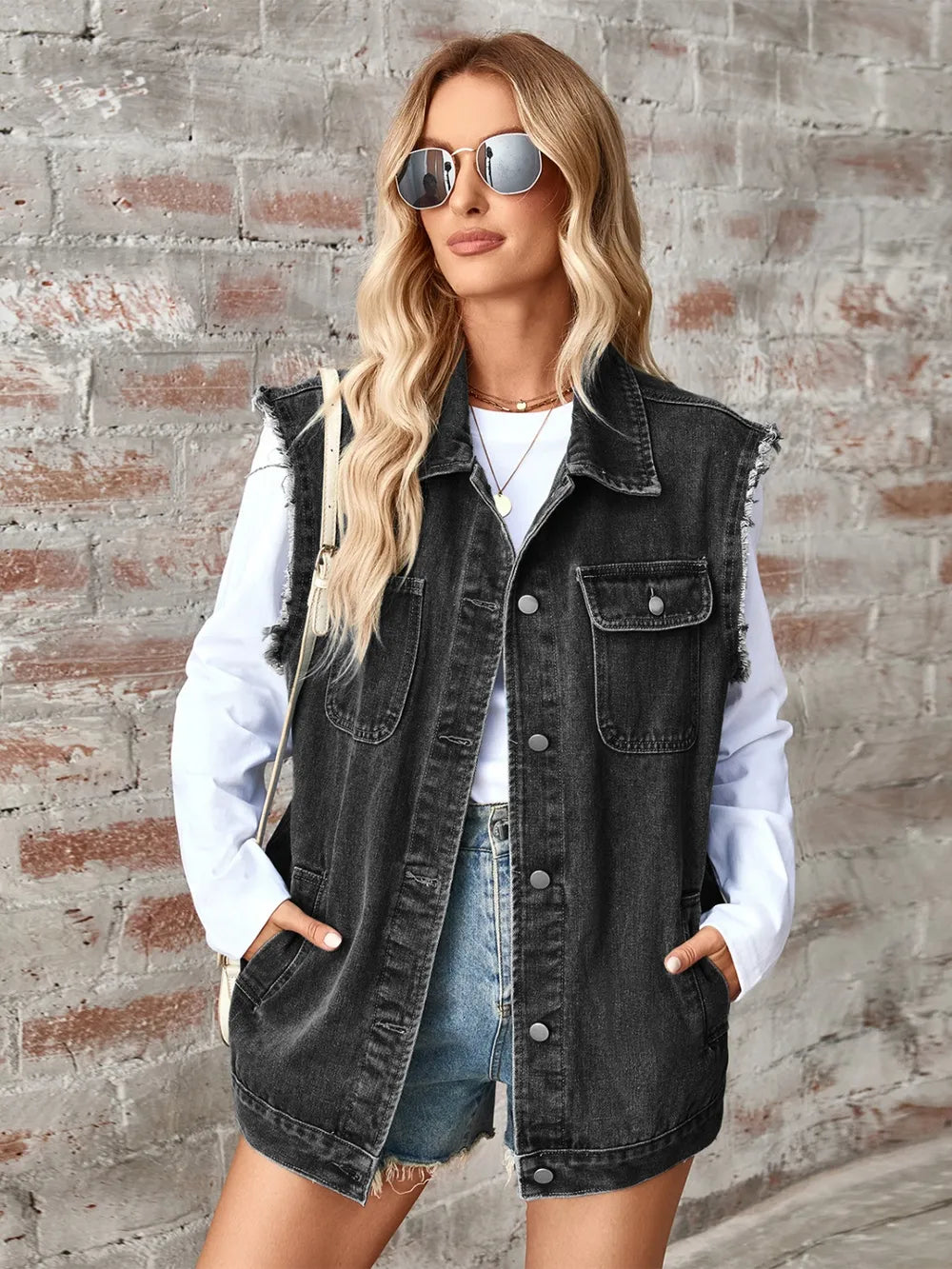 Raw Hem Sleeveless Button Up Denim Jacket - V.I.P Digital Presence