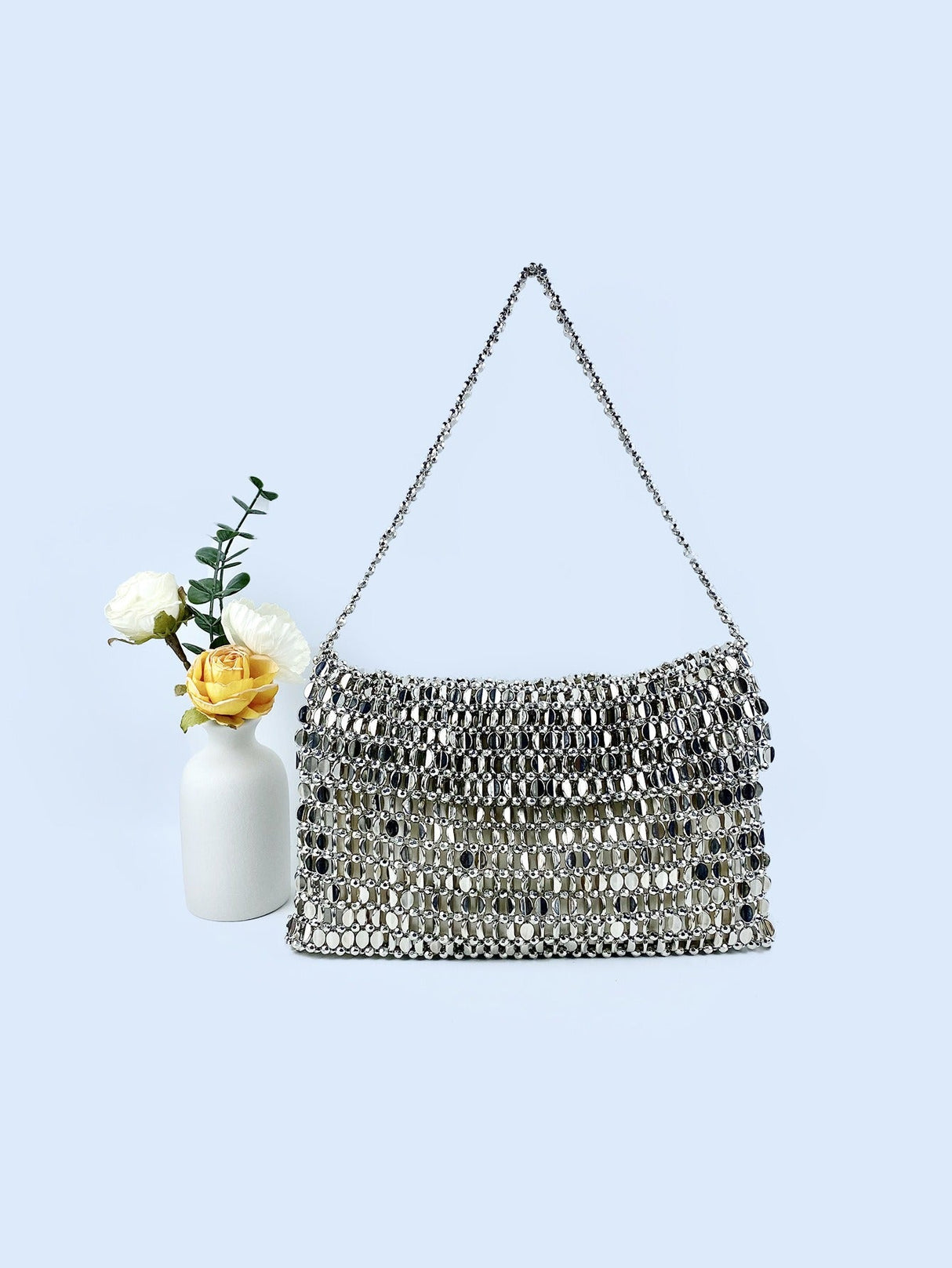 Retro metal sequin silver bag women's bag hand woven high-end feel handbag shoulder and armpit bag - V.I.P Digital Presence