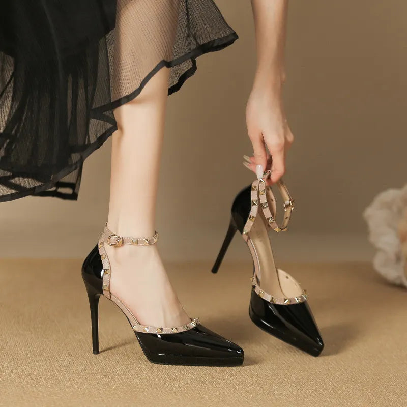 Rivet Decor Ankle Strap Stiletto Pumps - V.I.P Digital Presence