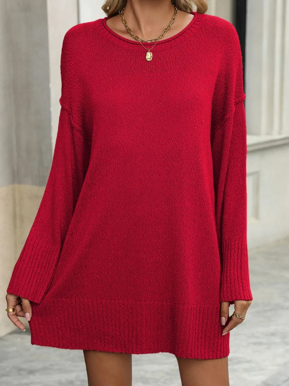 Round Neck Dropped Shoulder Sweater - V.I.P Digital Presence