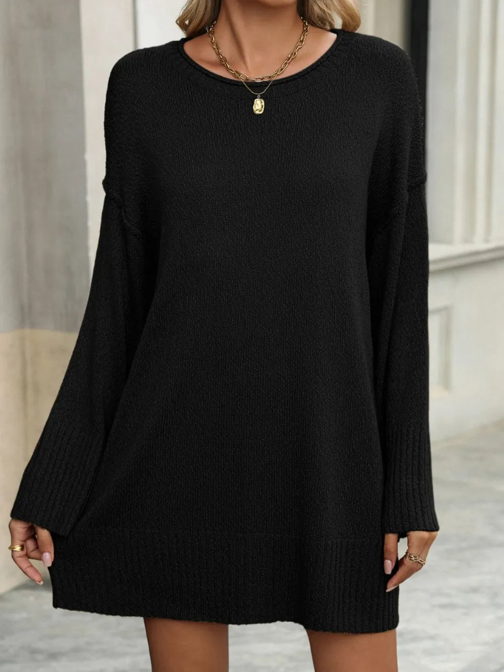 Round Neck Dropped Shoulder Sweater - V.I.P Digital Presence