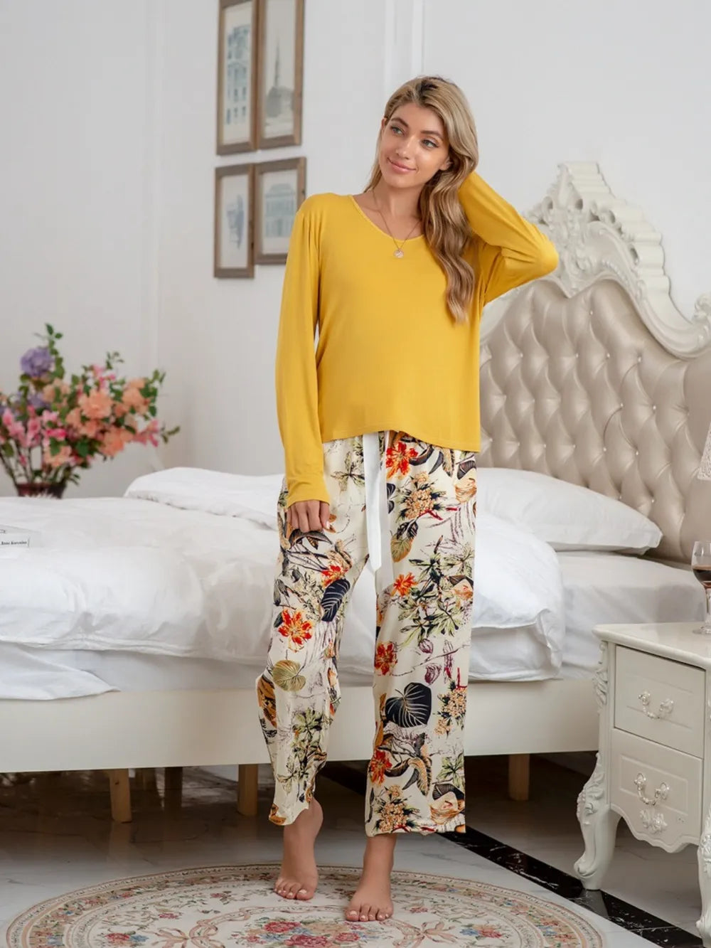Round Neck Top and Printed Pants Lounge Set - V.I.P Digital Presence