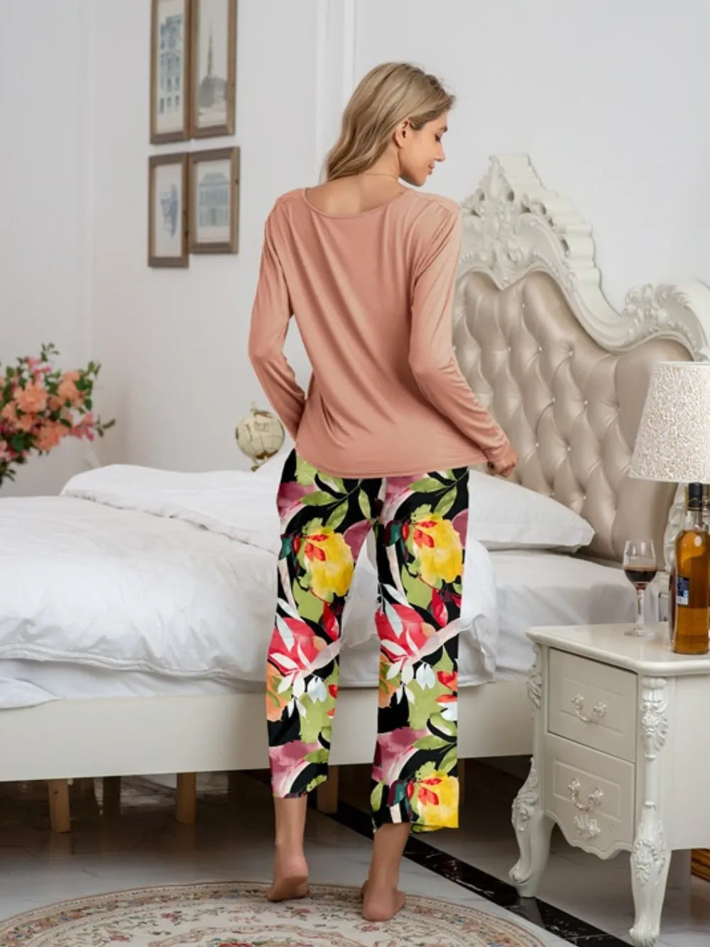 Round Neck Top and Printed Pants Lounge Set - V.I.P Digital Presence