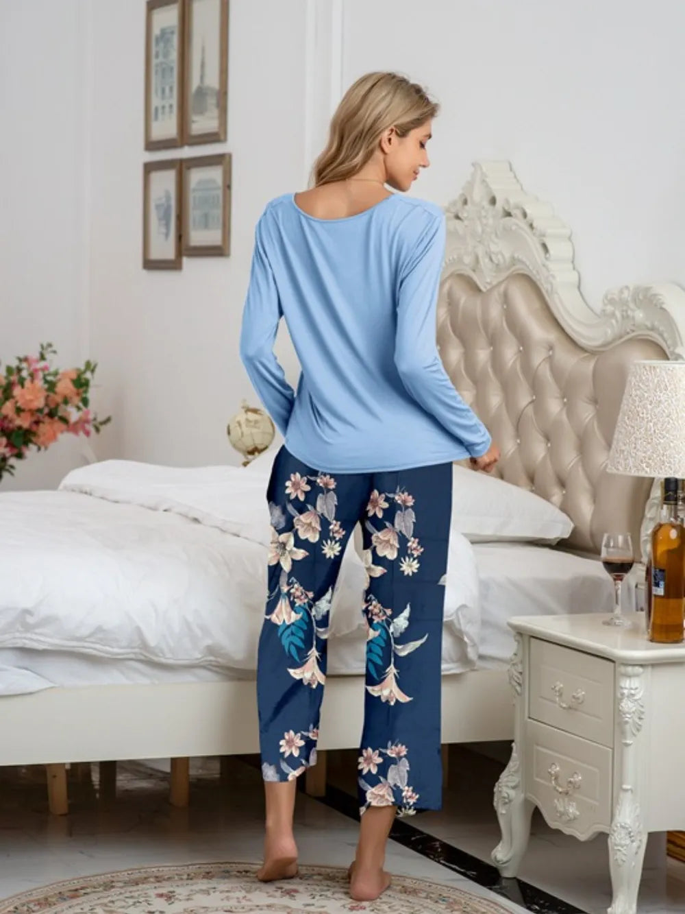 Round Neck Top and Printed Pants Lounge Set - V.I.P Digital Presence