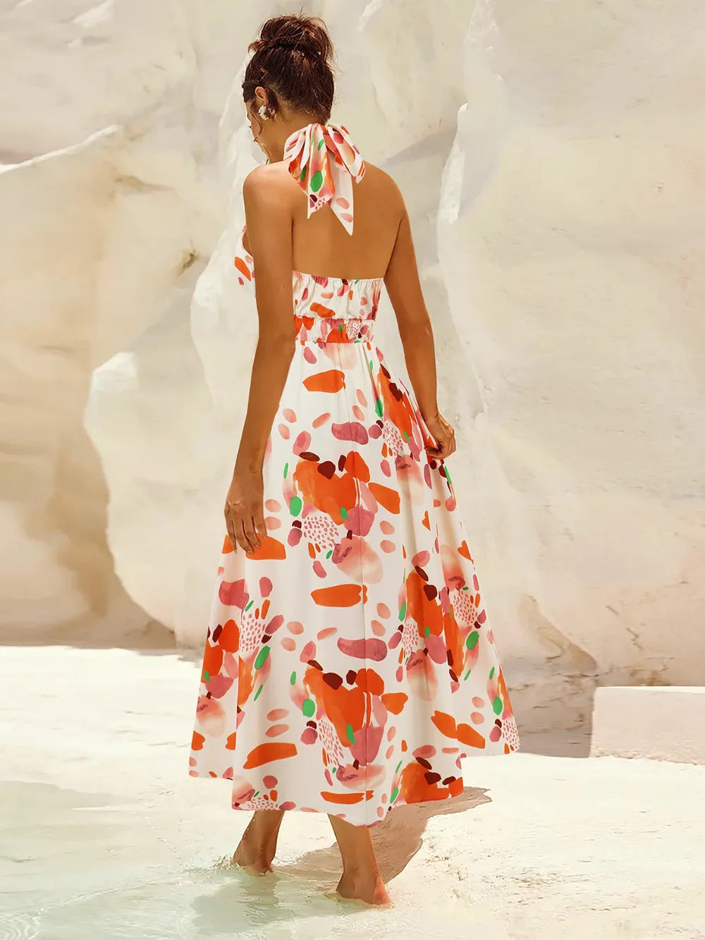 Ruched Printed Halter Neck Dress - V.I.P Digital Presence