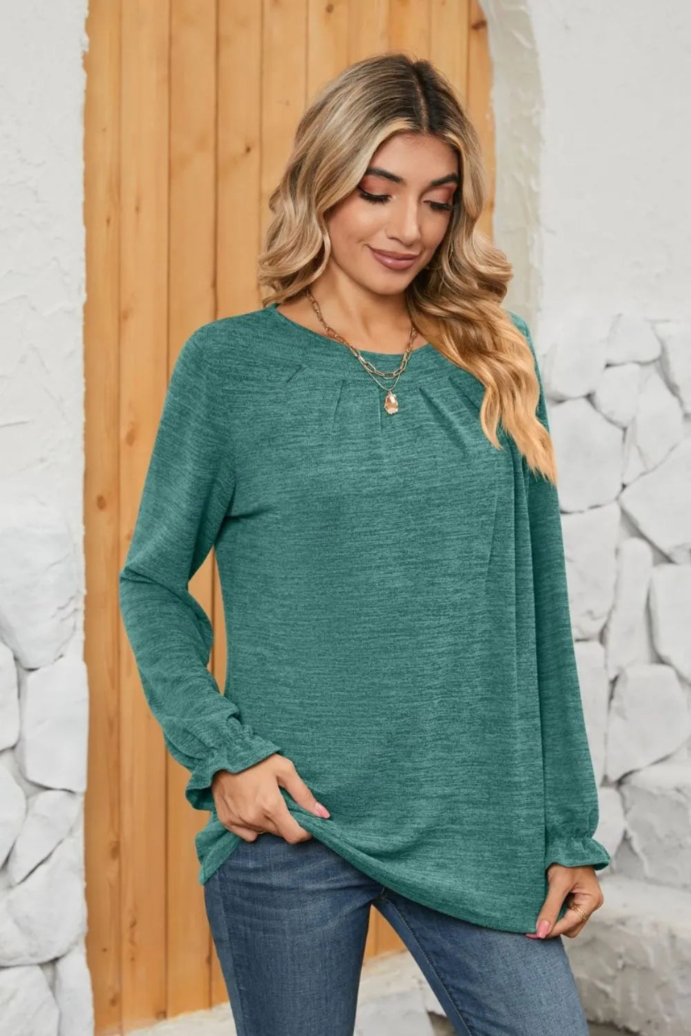 Ruched Round Neck Flounce Sleeve T-Shirt - V.I.P Digital Presence