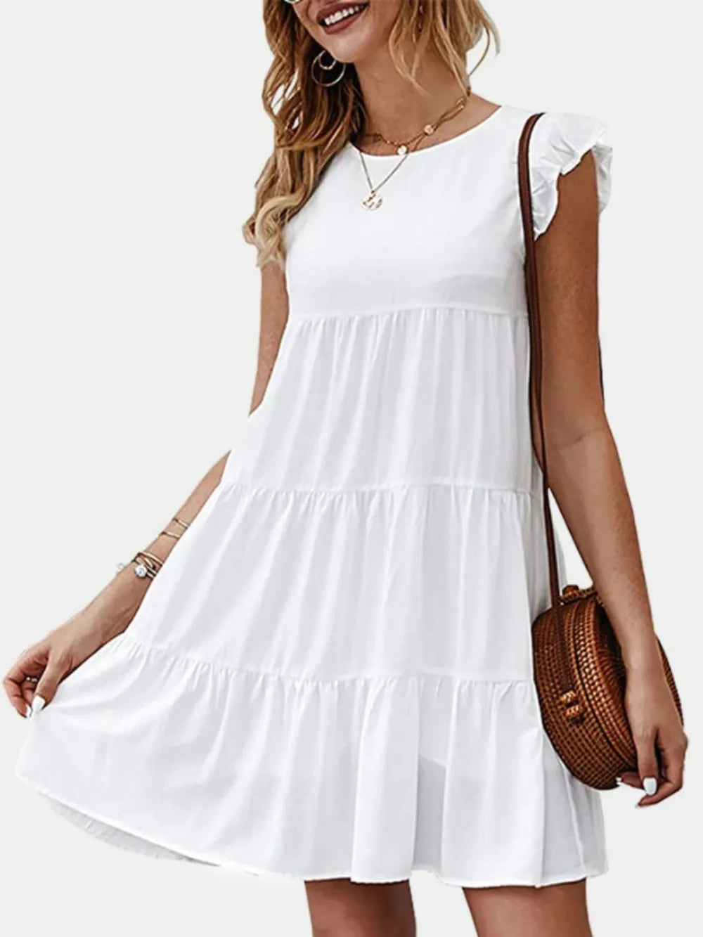 Ruffled Round Neck Cap Sleeve Mini Dress - V.I.P Digital Presence