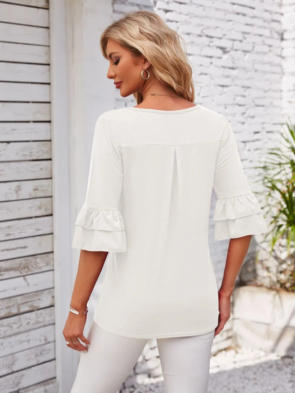 Ruffled Suqare Neck Half Sleeve Blouse - V.I.P Digital Presence