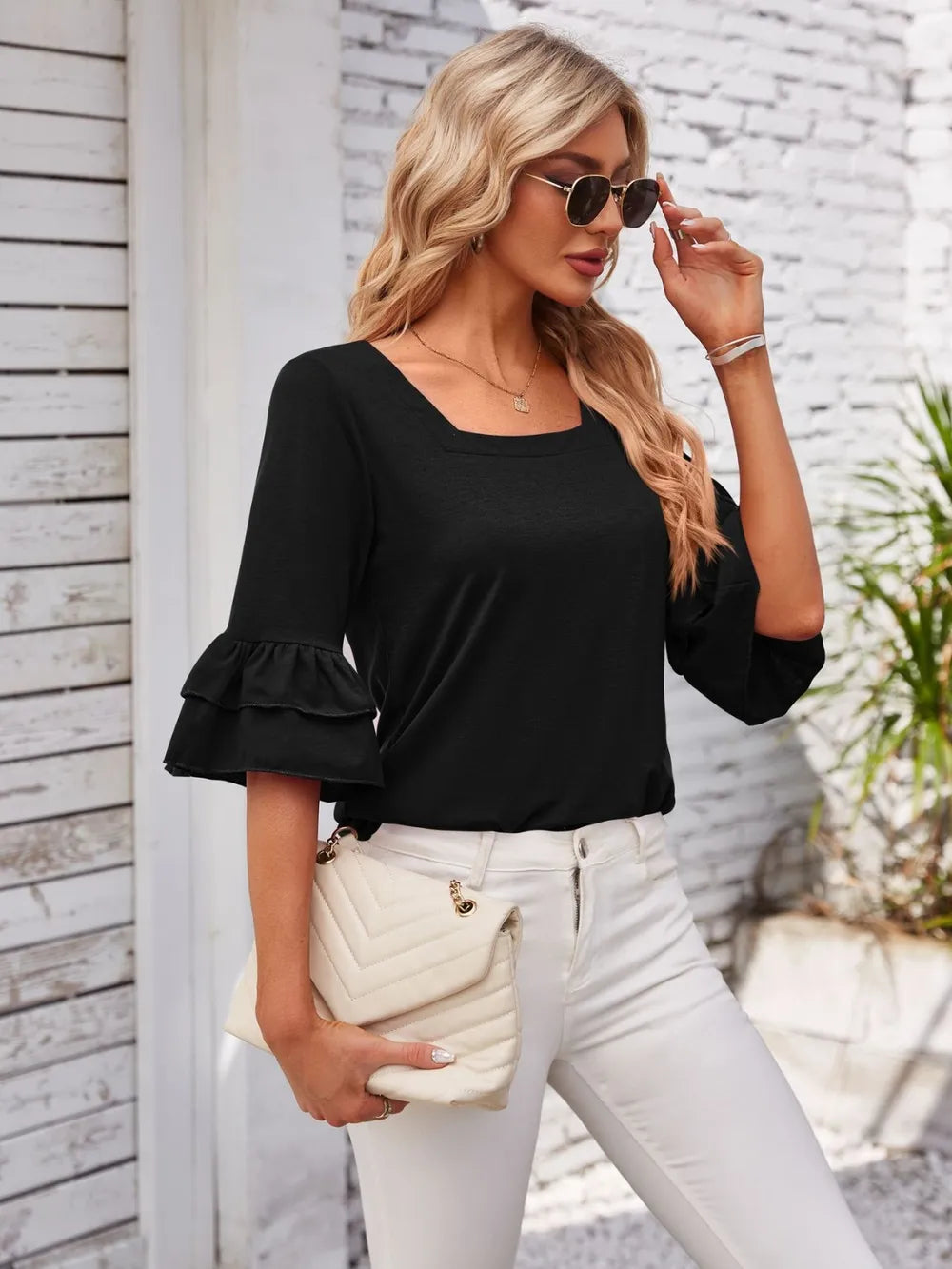 Ruffled Suqare Neck Half Sleeve Blouse - V.I.P Digital Presence