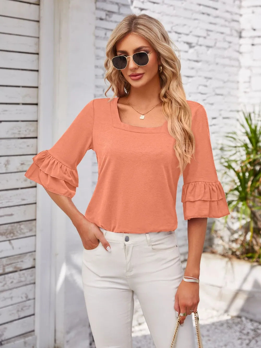 Ruffled Suqare Neck Half Sleeve Blouse - V.I.P Digital Presence