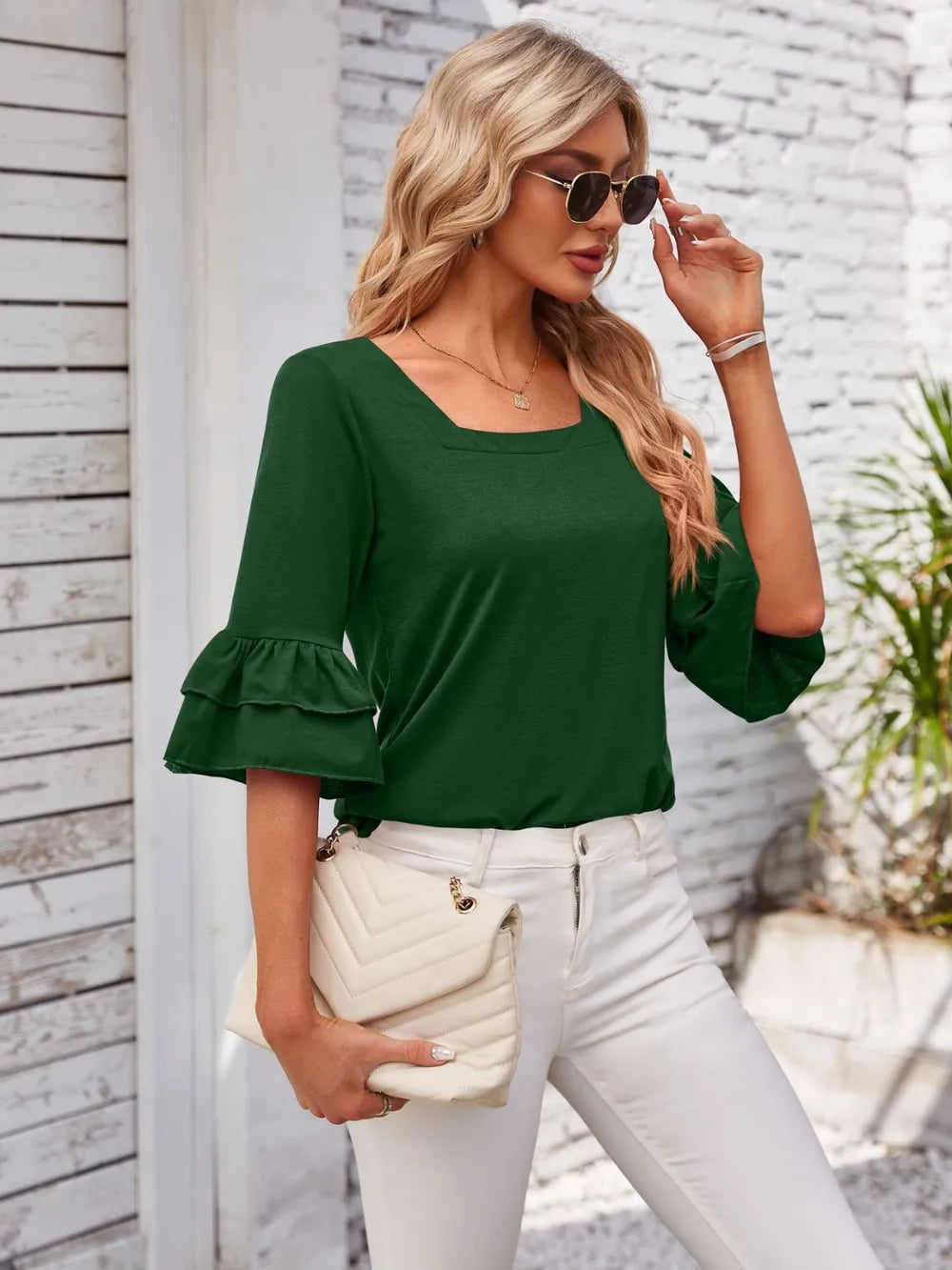 Ruffled Suqare Neck Half Sleeve Blouse - V.I.P Digital Presence