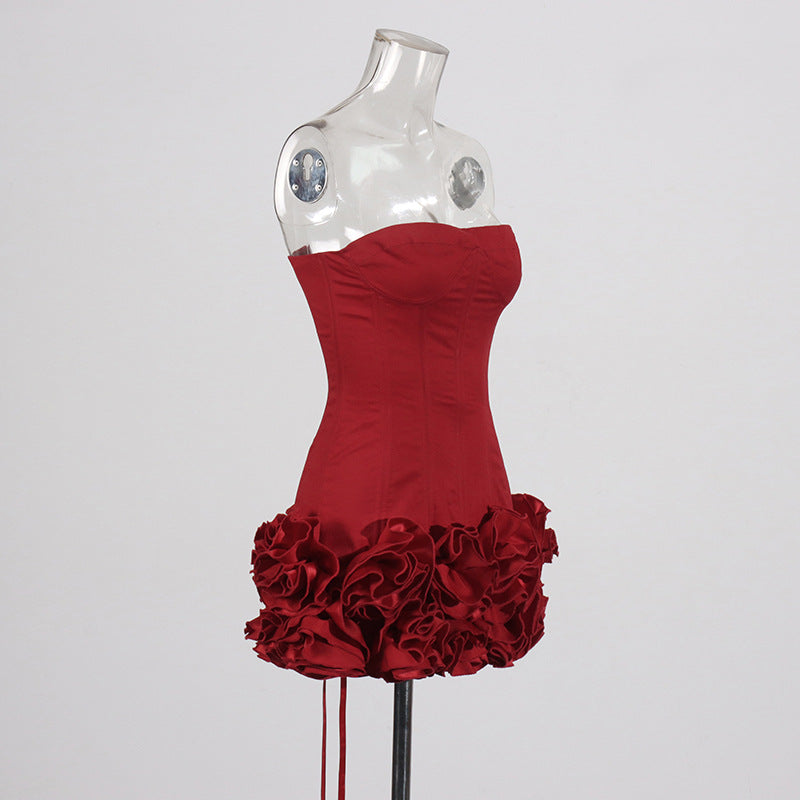 Sexy European and American style dress with strapless shoulder and fashionable three-dimensional flower splicing short dress - V.I.P Digital Presence