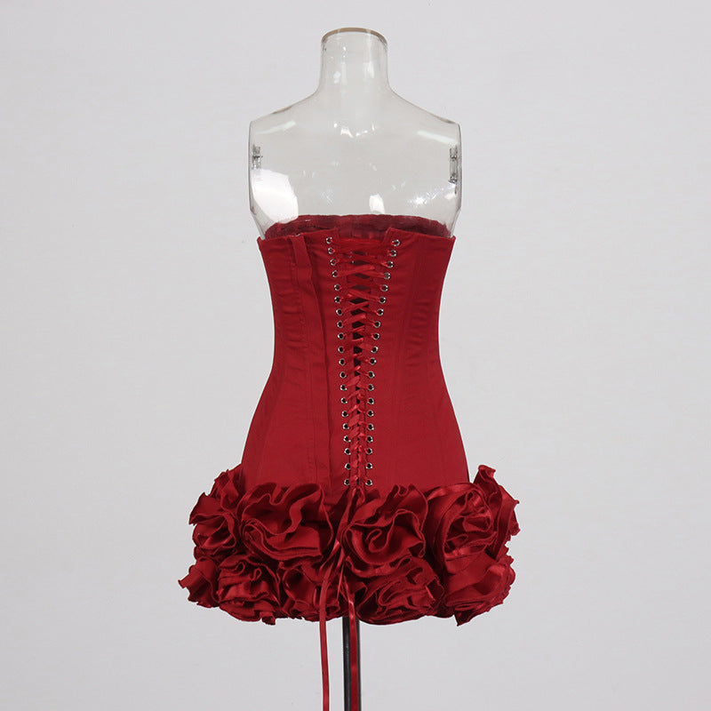 Sexy European and American style dress with strapless shoulder and fashionable three-dimensional flower splicing short dress - V.I.P Digital Presence