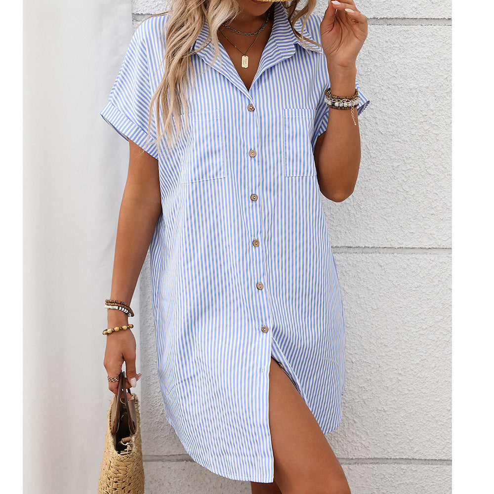 Short sleeved striped dress mid length shirt for women - V.I.P Digital Presence