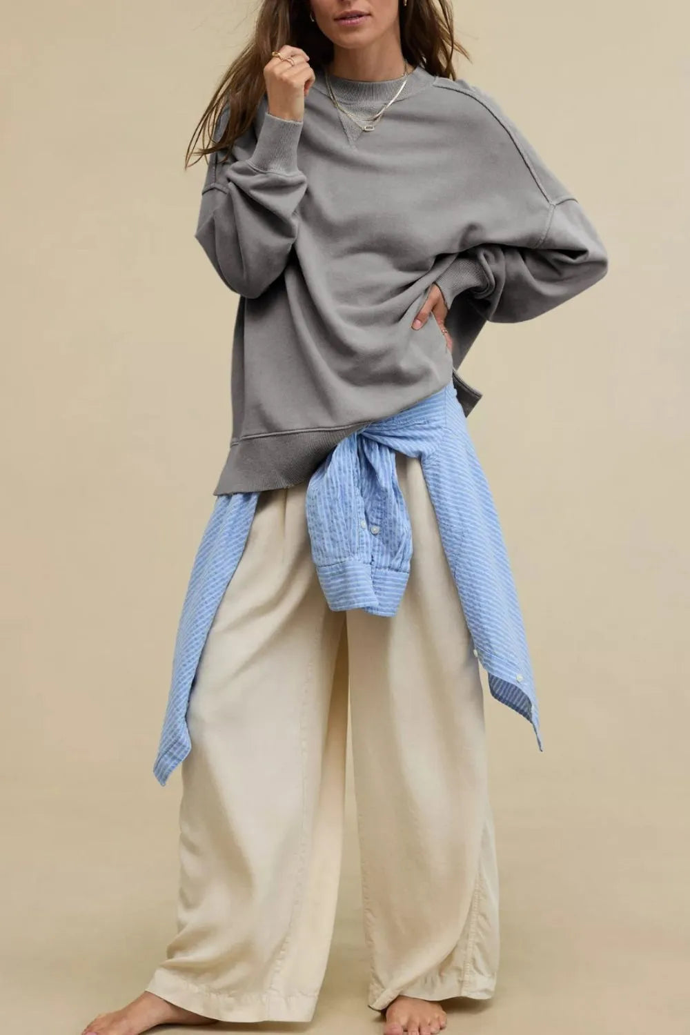 Side Slit Round Neck Long Sleeve Sweatshirt - V.I.P Digital Presence