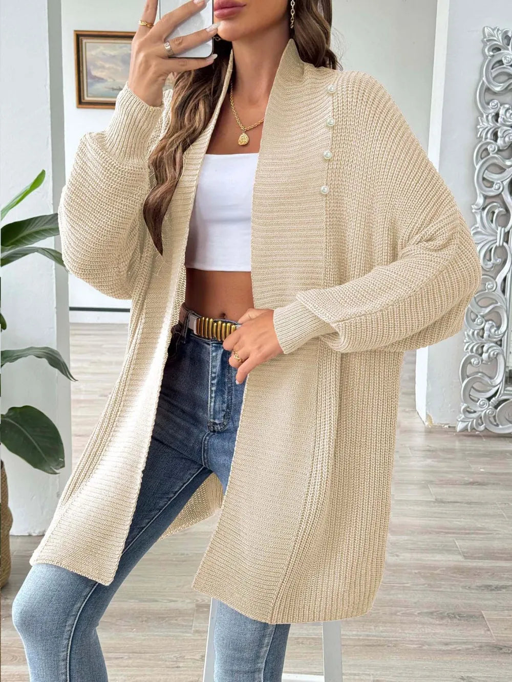 Simple and fashionable loose sweater with pearl nail beads cardigan - V.I.P Digital Presence