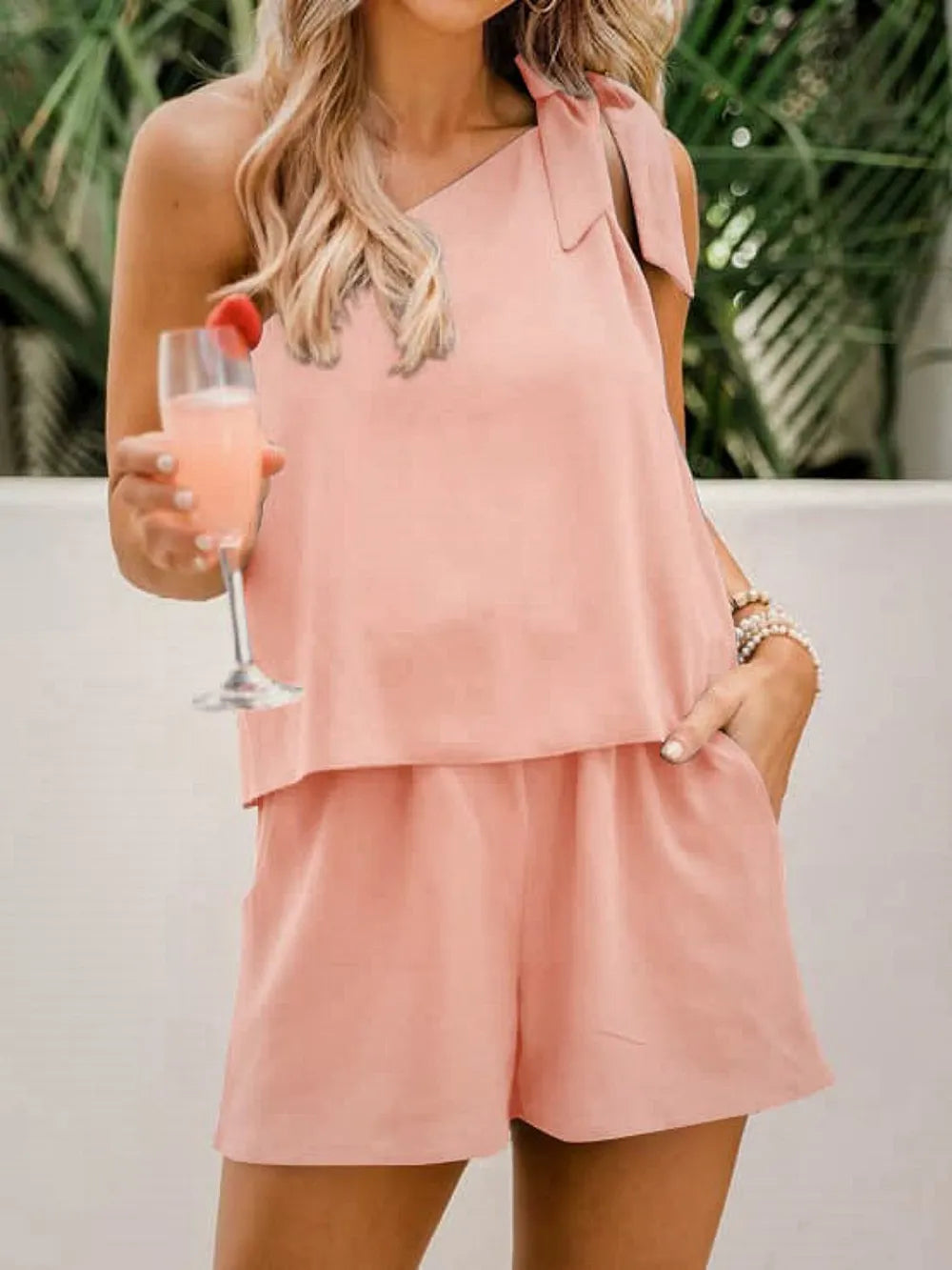 Single Shoulder Top and Pocketed Shorts Set - V.I.P Digital Presence