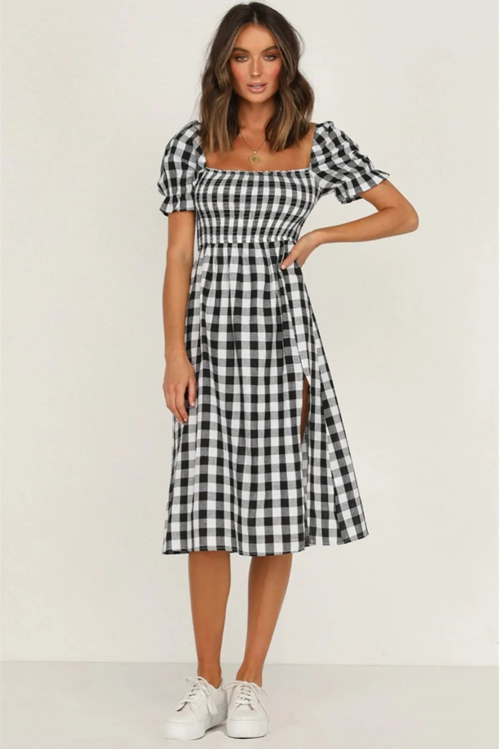 Slit Plaid Short Sleeve Midi Dress - V.I.P Digital Presence