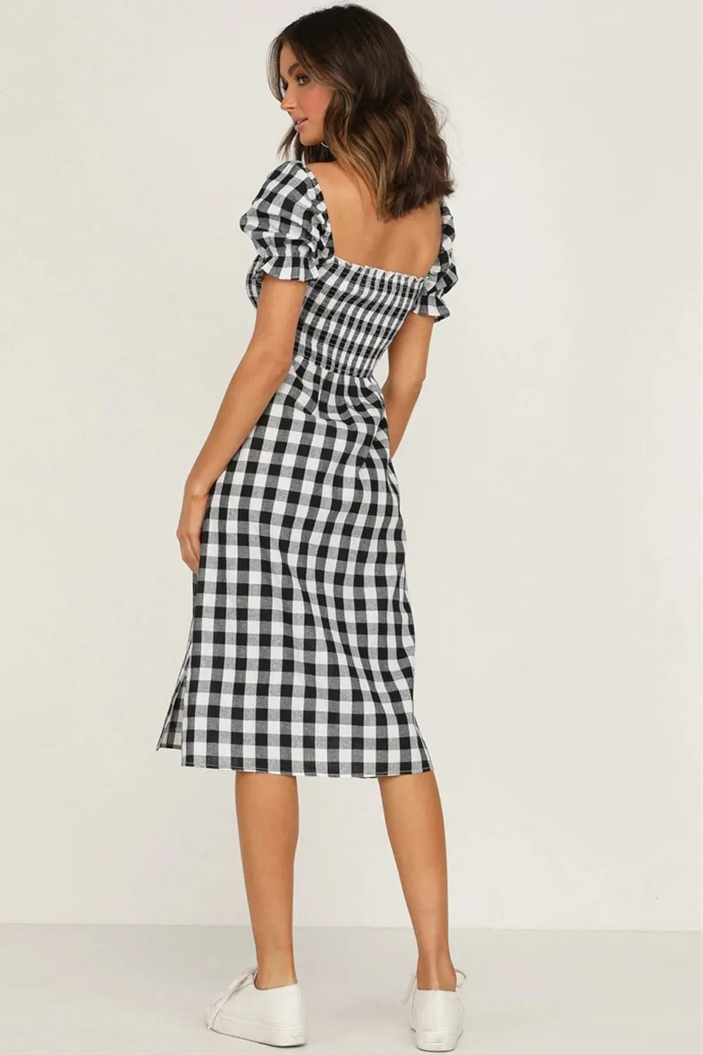 Slit Plaid Short Sleeve Midi Dress - V.I.P Digital Presence