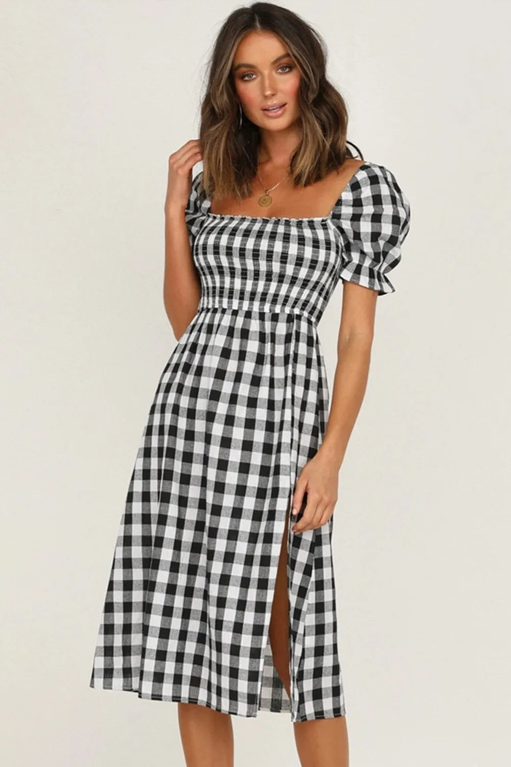 Slit Plaid Short Sleeve Midi Dress - V.I.P Digital Presence
