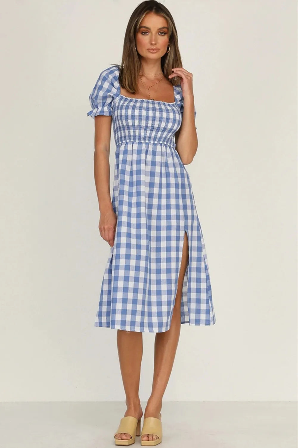 Slit Plaid Short Sleeve Midi Dress - V.I.P Digital Presence