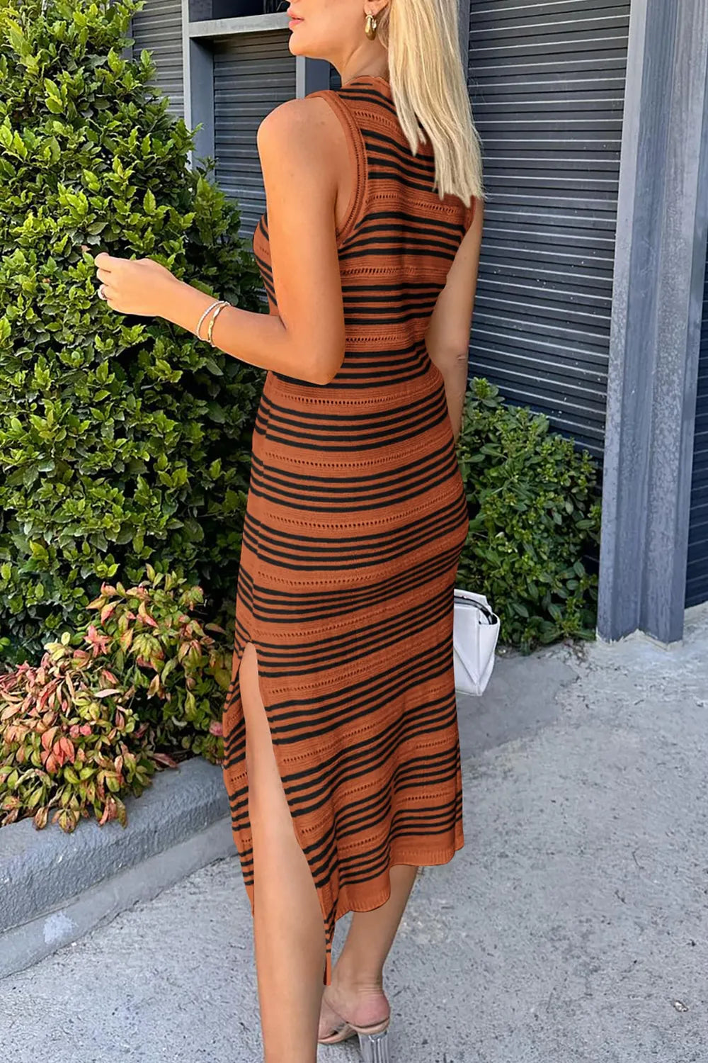 Slit Striped Round Neck Sleeveless Midi Dress - V.I.P Digital Presence