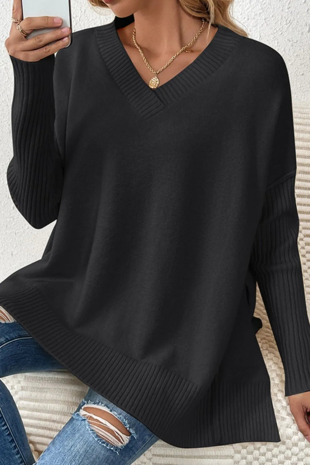 Slit V-Neck Dropped Shoulder Sweater - V.I.P Digital Presence