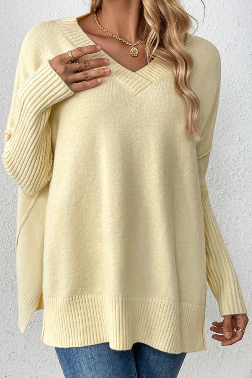 Slit V-Neck Dropped Shoulder Sweater - V.I.P Digital Presence