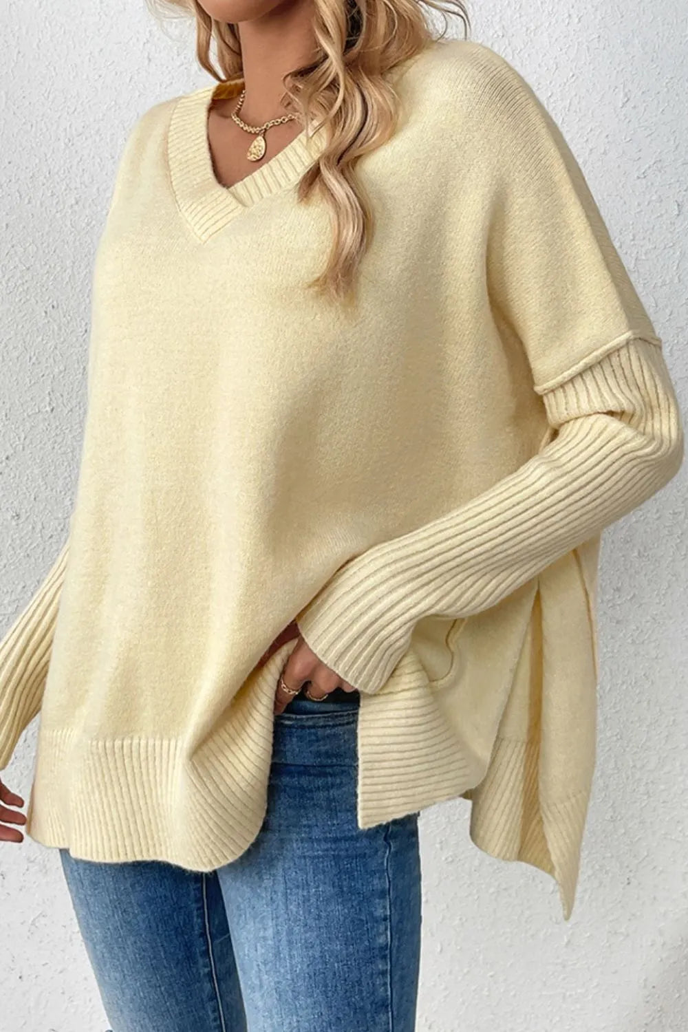 Slit V-Neck Dropped Shoulder Sweater - V.I.P Digital Presence