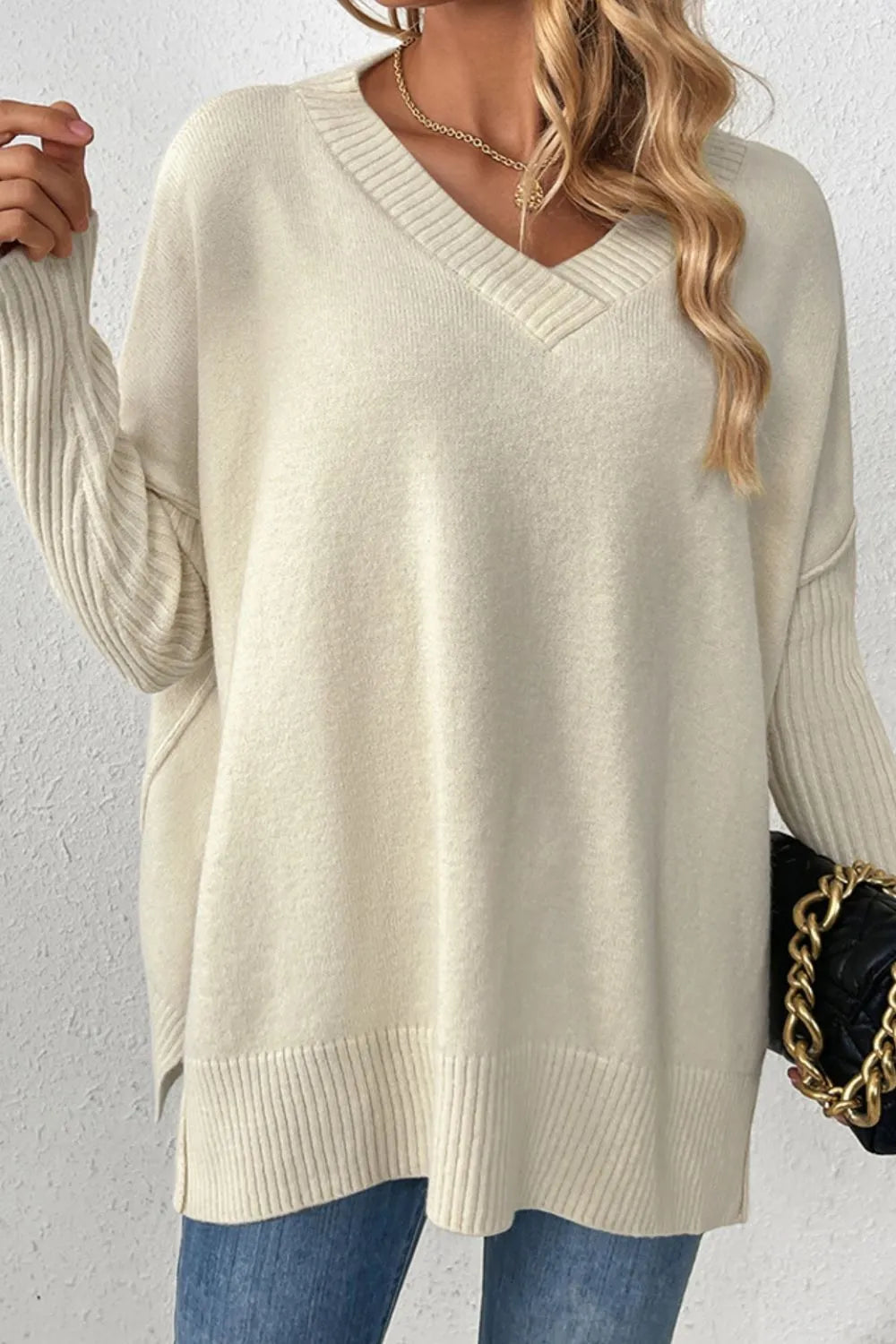 Slit V-Neck Dropped Shoulder Sweater - V.I.P Digital Presence