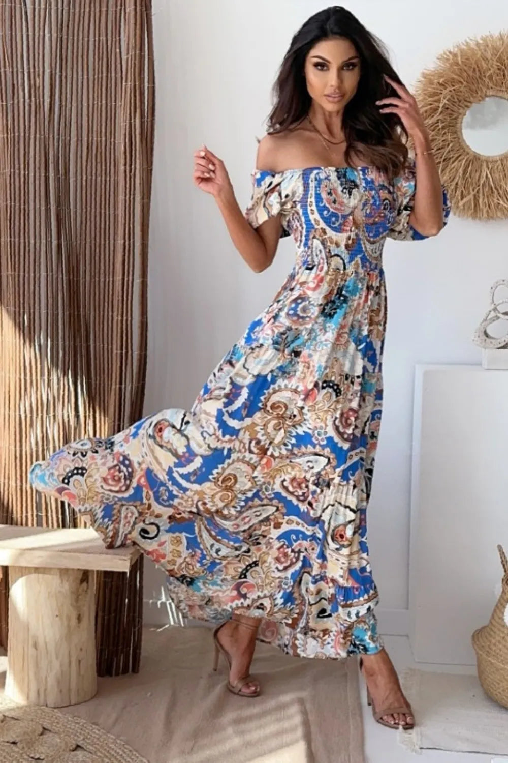 Smocked Printed Short Sleeve Maxi Dress - V.I.P Digital Presence