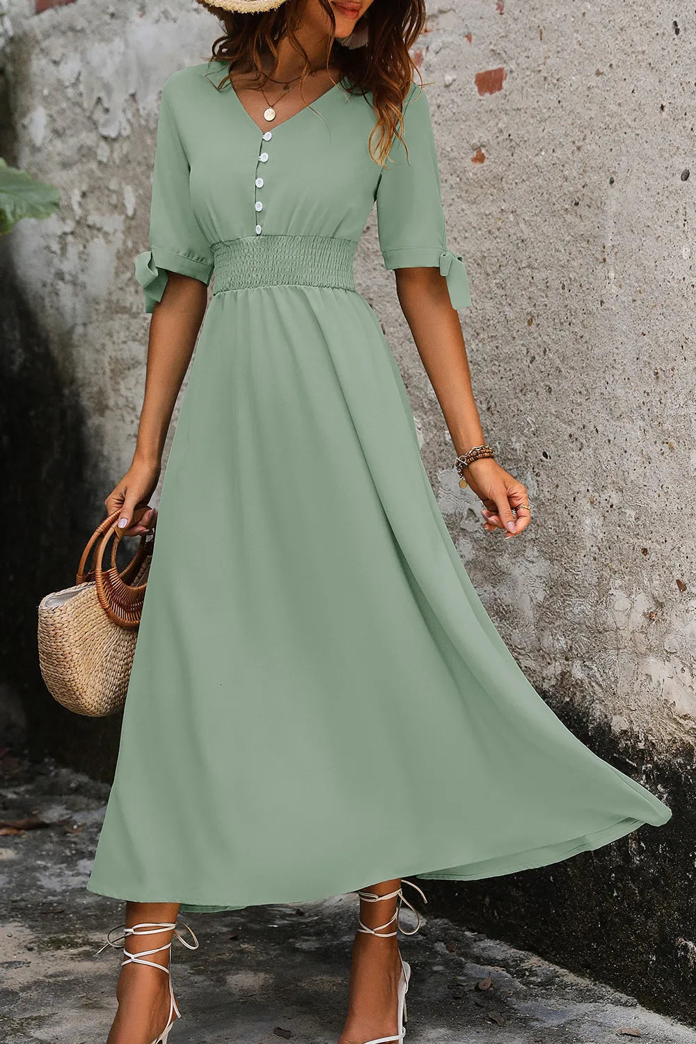 Smocked Quarter Button Short Sleeve Dress - V.I.P Digital Presence