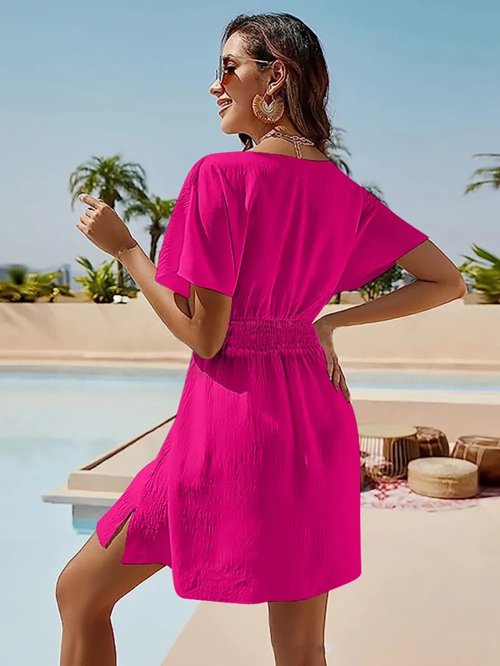Smocked V-Neck Short Sleeve Dress - V.I.P Digital Presence