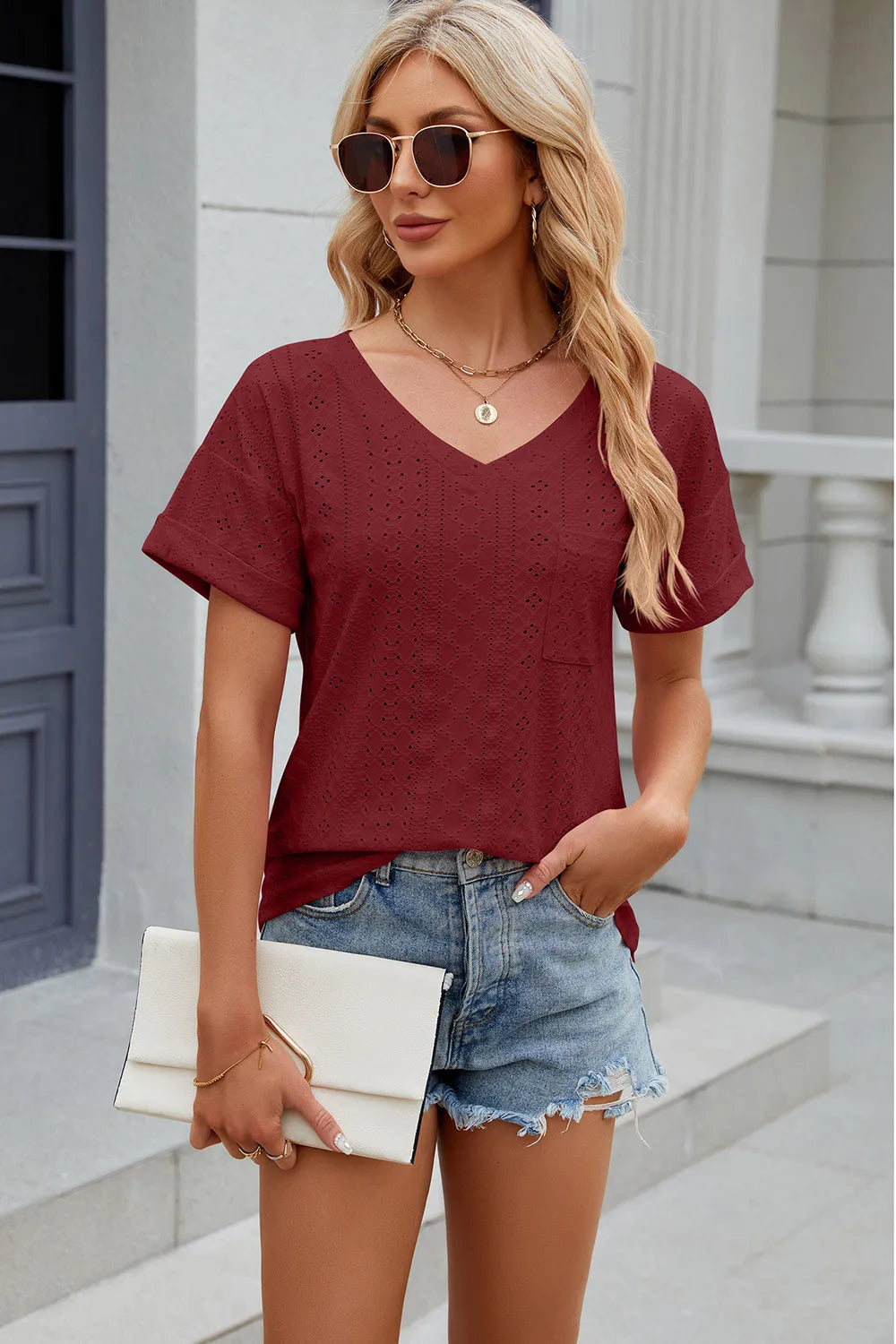 Solid color pocket V-neck loose short sleeved T-shirt top for women - V.I.P Digital Presence