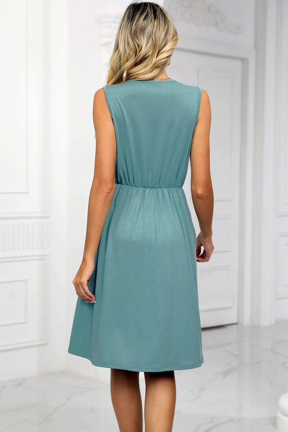 Solid color V-neck lace patchwork sleeveless pocket waist cinching dress - V.I.P Digital Presence