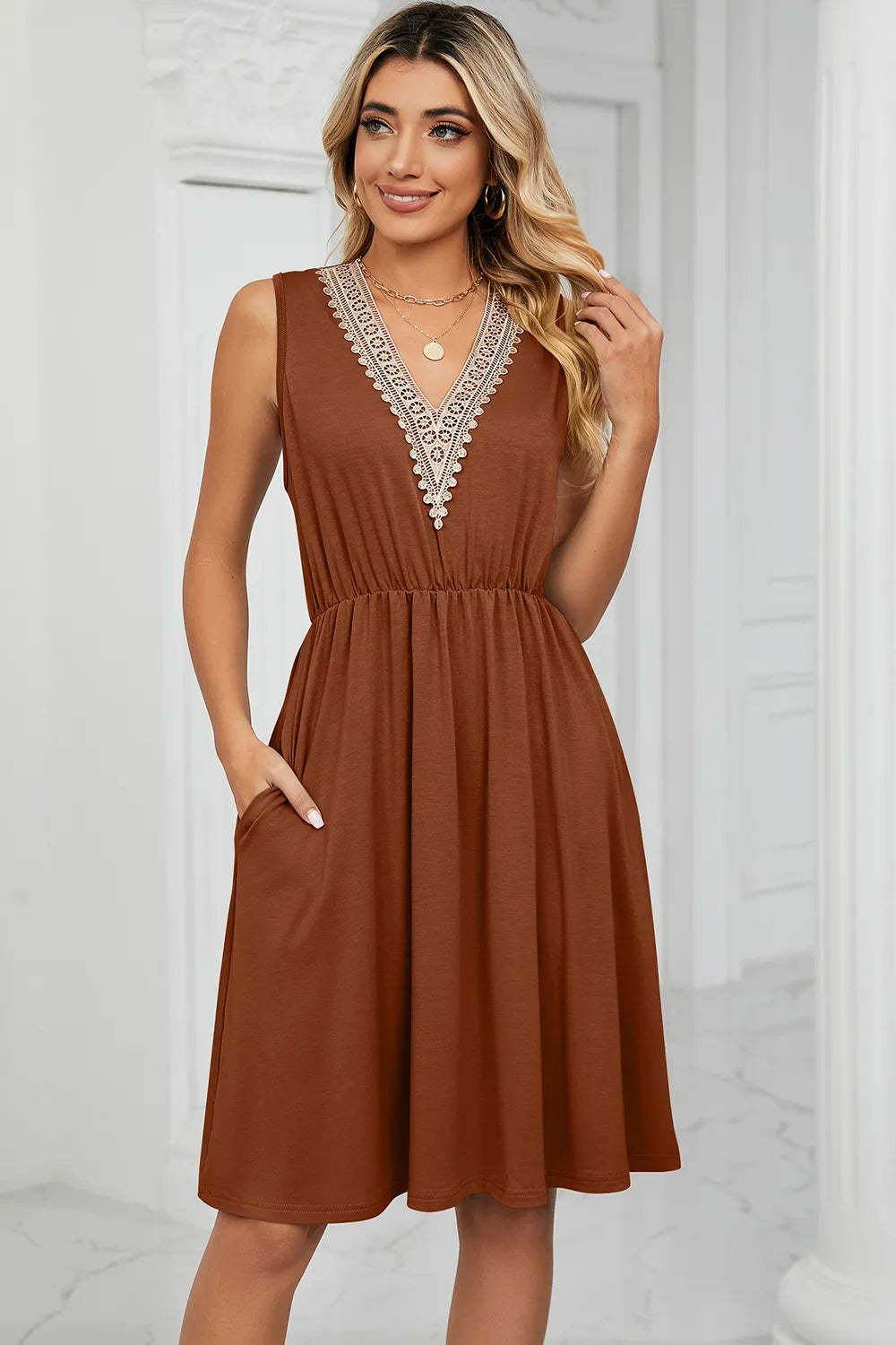 Solid color V-neck lace patchwork sleeveless pocket waist cinching dress - V.I.P Digital Presence