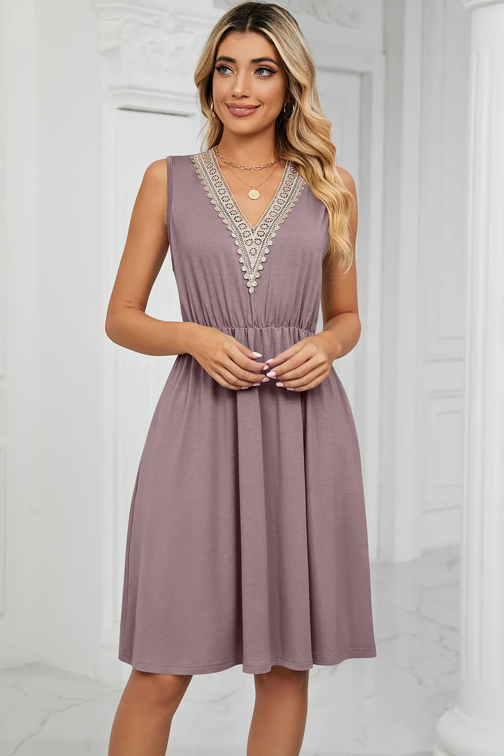 Solid color V-neck lace patchwork sleeveless pocket waist cinching dress - V.I.P Digital Presence