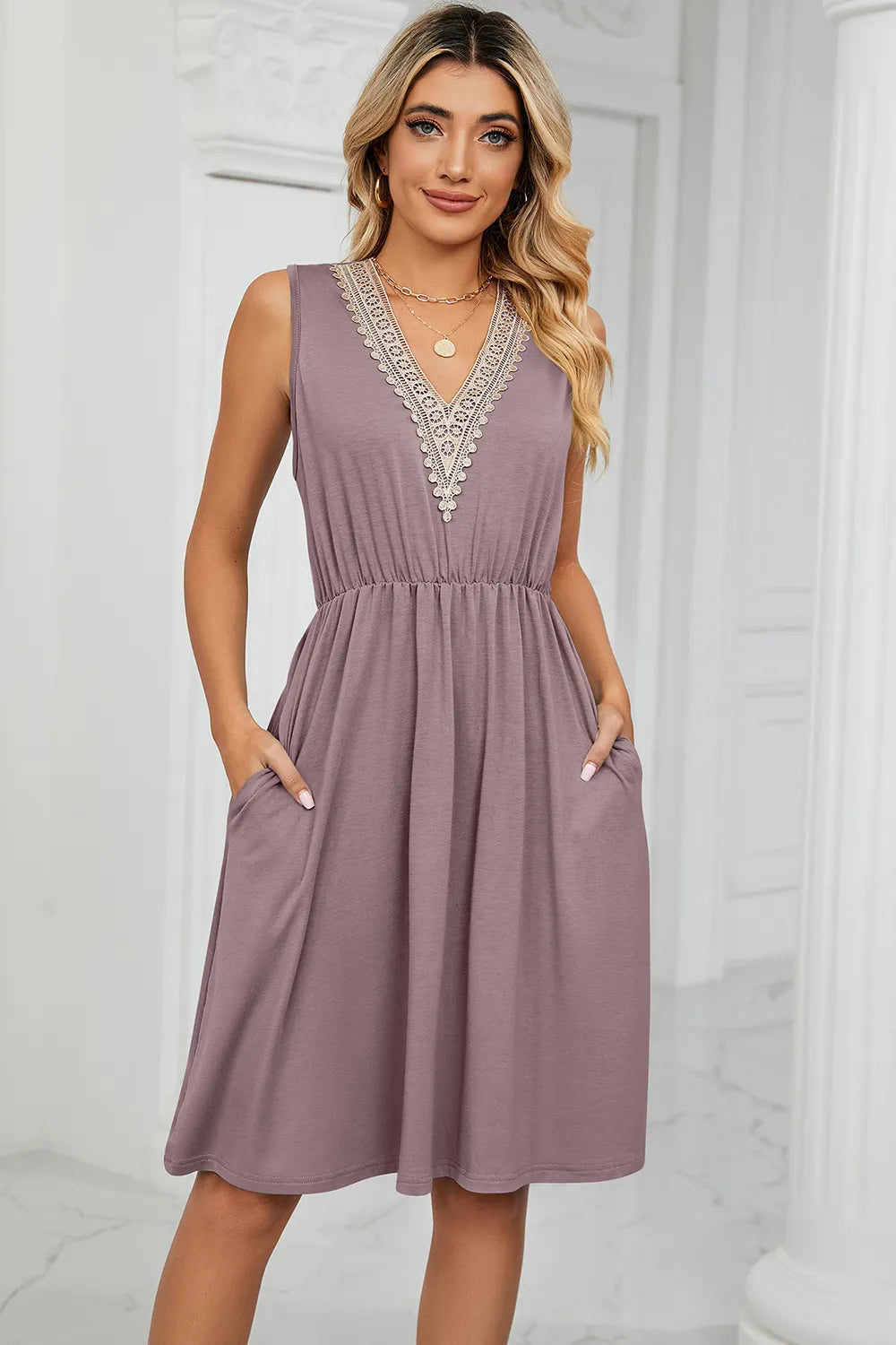 Solid color V-neck lace patchwork sleeveless pocket waist cinching dress - V.I.P Digital Presence