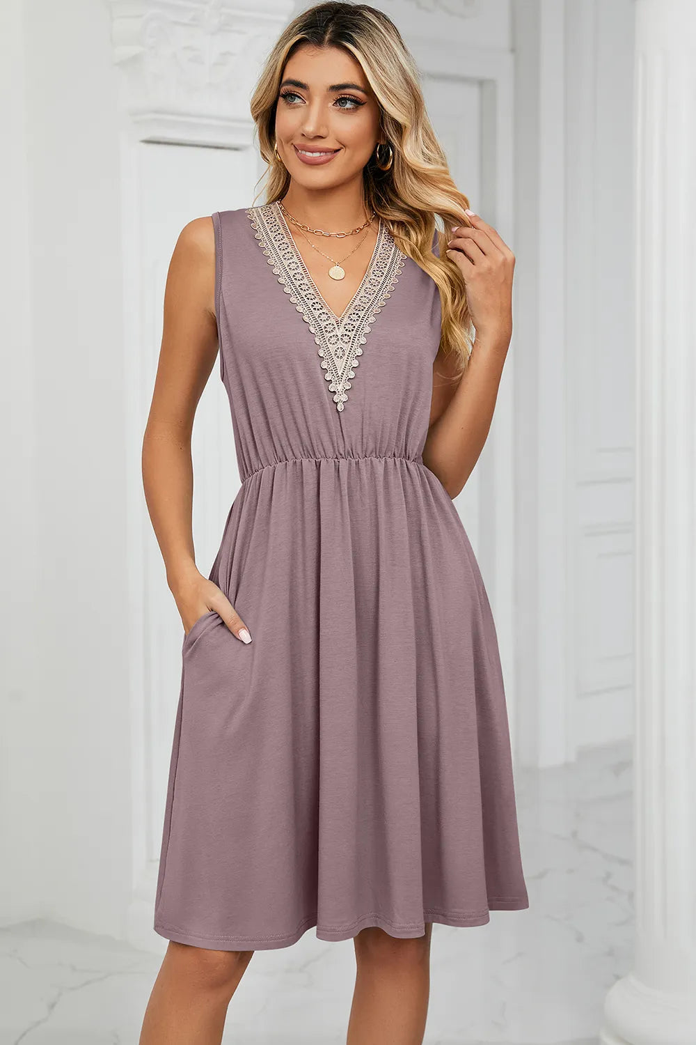 Solid color V-neck lace patchwork sleeveless pocket waist cinching dress - V.I.P Digital Presence