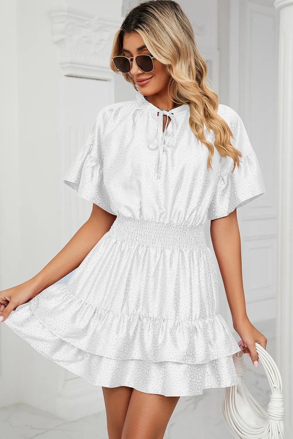 Solid color waist cinching loose V-neck lotus leaf dress for women - V.I.P Digital Presence
