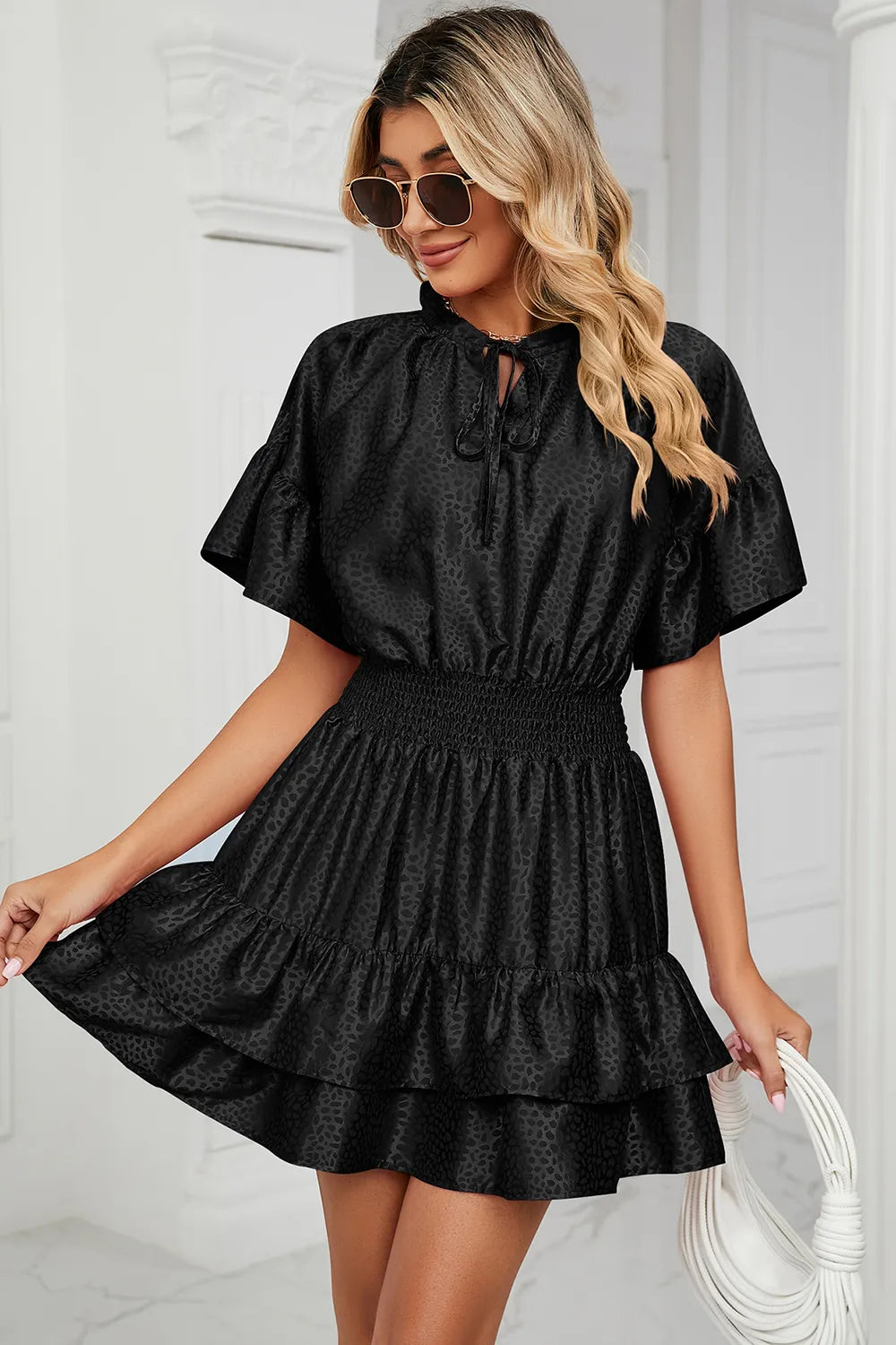 Solid color waist cinching loose V-neck lotus leaf dress for women - V.I.P Digital Presence
