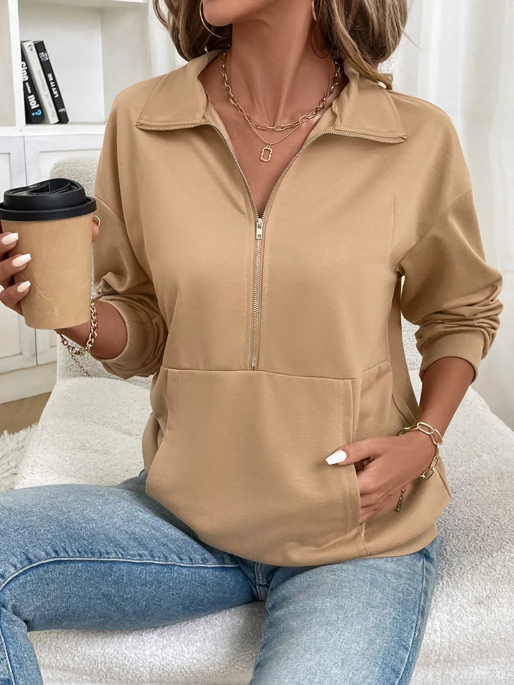Solid color zipper pocket long sleeved lapel sweatshirt - V.I.P Digital Presence
