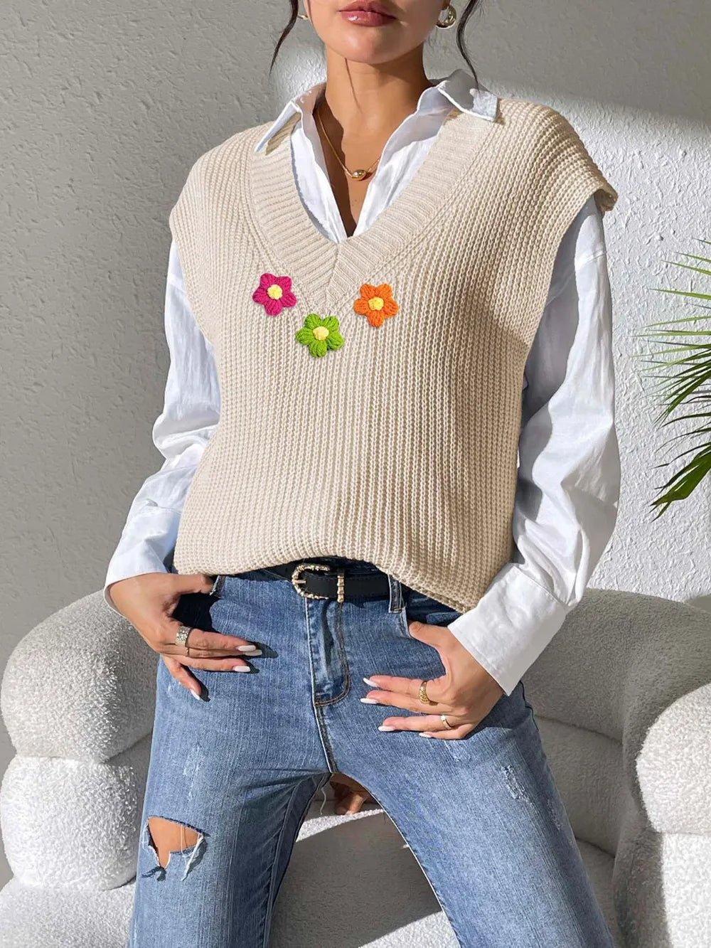 Spring and Autumn V-neck Simple Vest Hand Hook Flower Splicing Machine Woven Sweater Clip - V.I.P Digital Presence