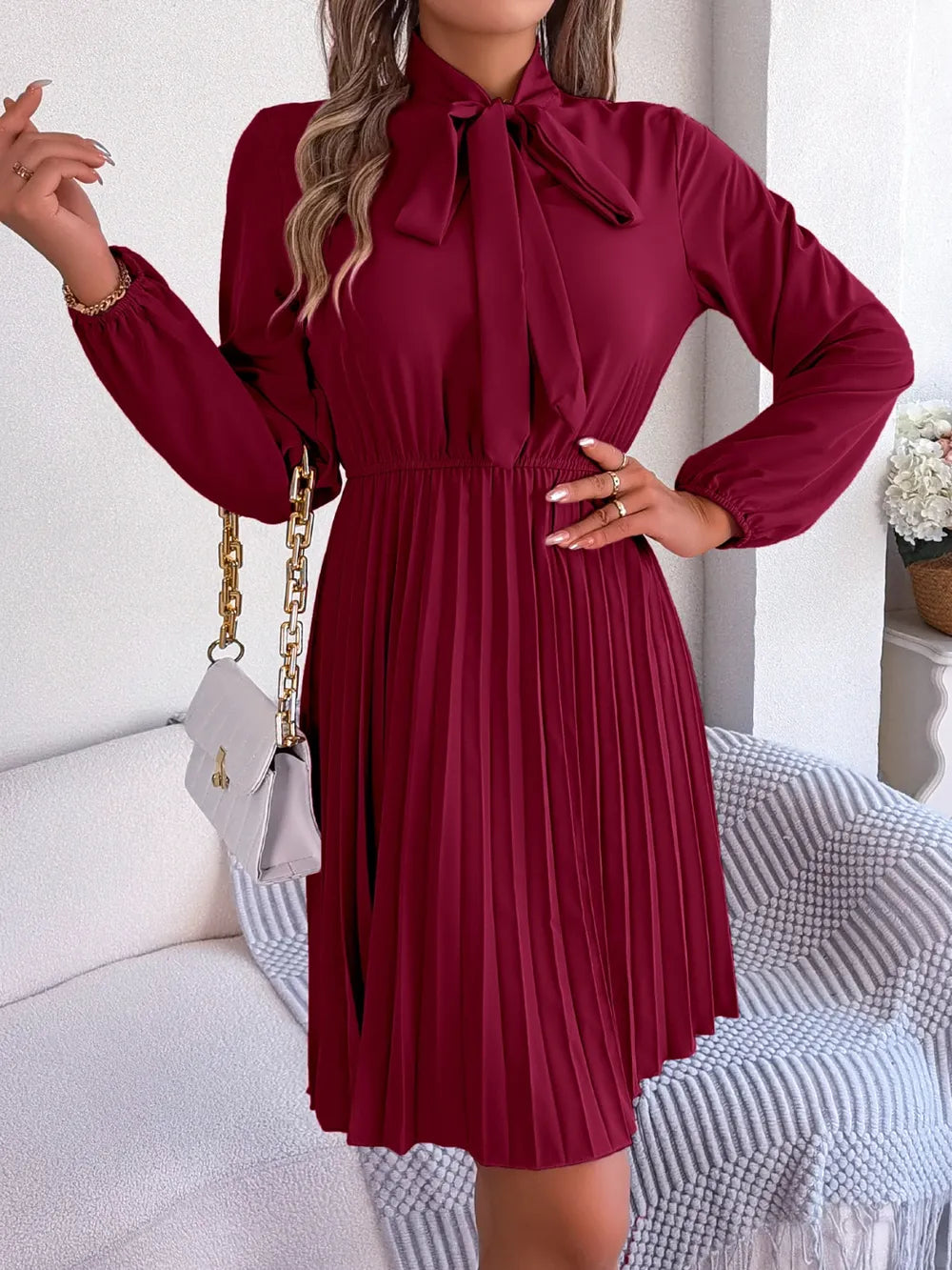 Spring and summer temperament tied waist long sleeved pleated skirt - V.I.P Digital Presence