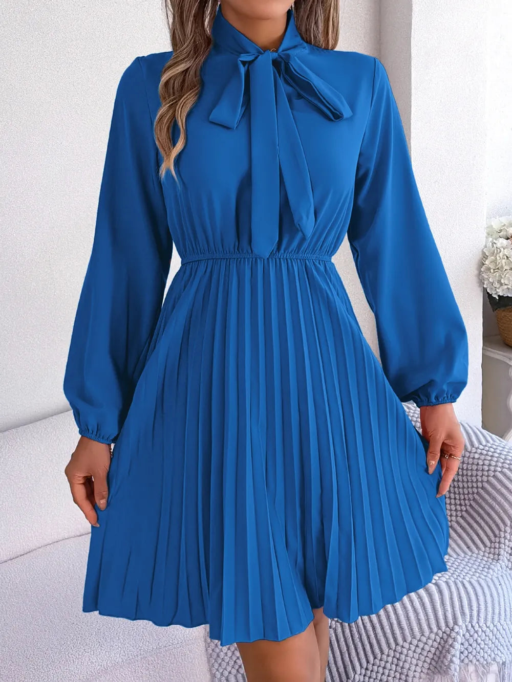 Spring and summer temperament tied waist long sleeved pleated skirt - V.I.P Digital Presence