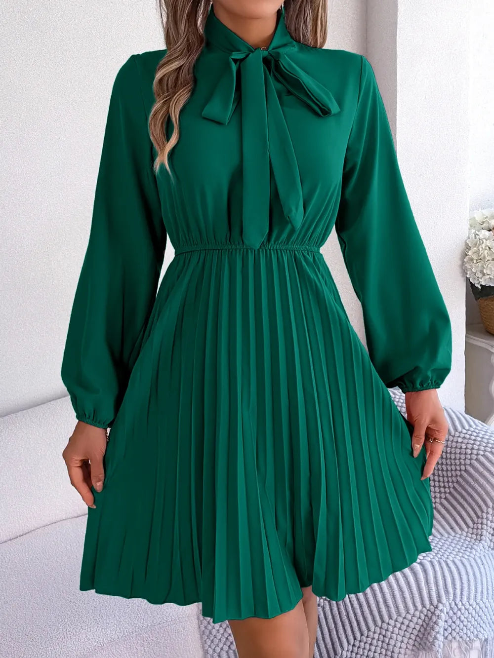 Spring and summer temperament tied waist long sleeved pleated skirt - V.I.P Digital Presence