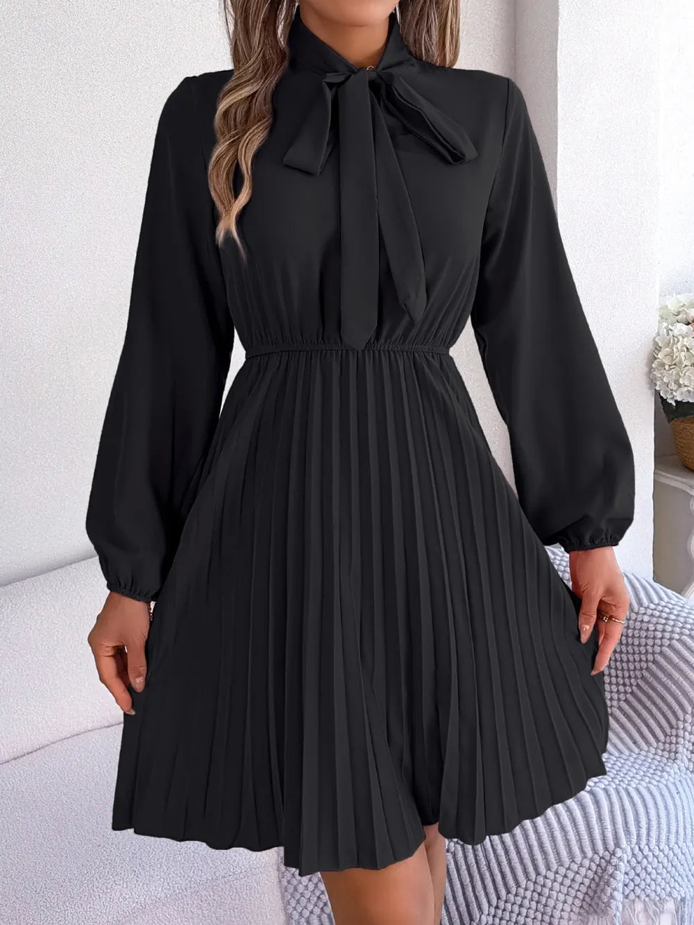 Spring and summer temperament tied waist long sleeved pleated skirt - V.I.P Digital Presence