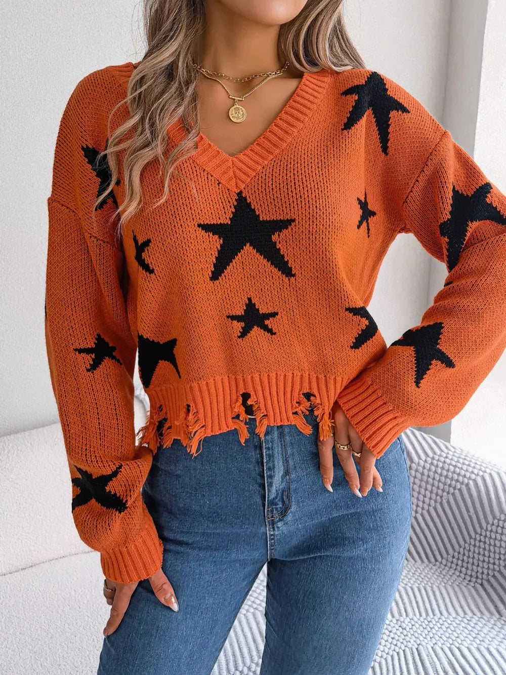 Star Pattern Distressed V-Neck Cropped Sweater - V.I.P Digital Presence
